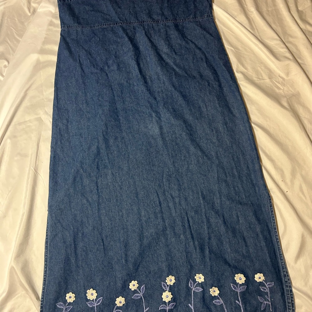 Vintage Erika Collection Blue Denim Cotton Jumper Dress Floral Accent Medium - Picture 2 of 14